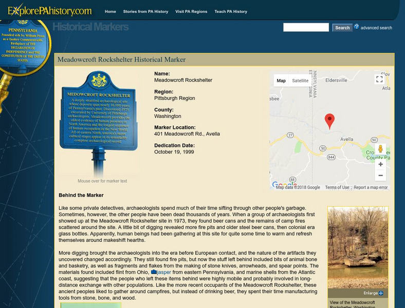 Explore Pa History: Meadowcroft Rockshelter Historical Marker Website Explore Pa History: Meadowcroft Rockshelter Historical Marker Website