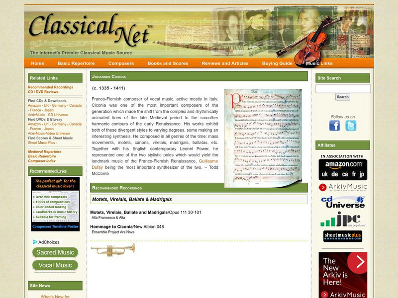 Classical Net: Johannes Ciconia (1335 1411) Handout Classical Net: Johannes Ciconia (1335 1411) Handout