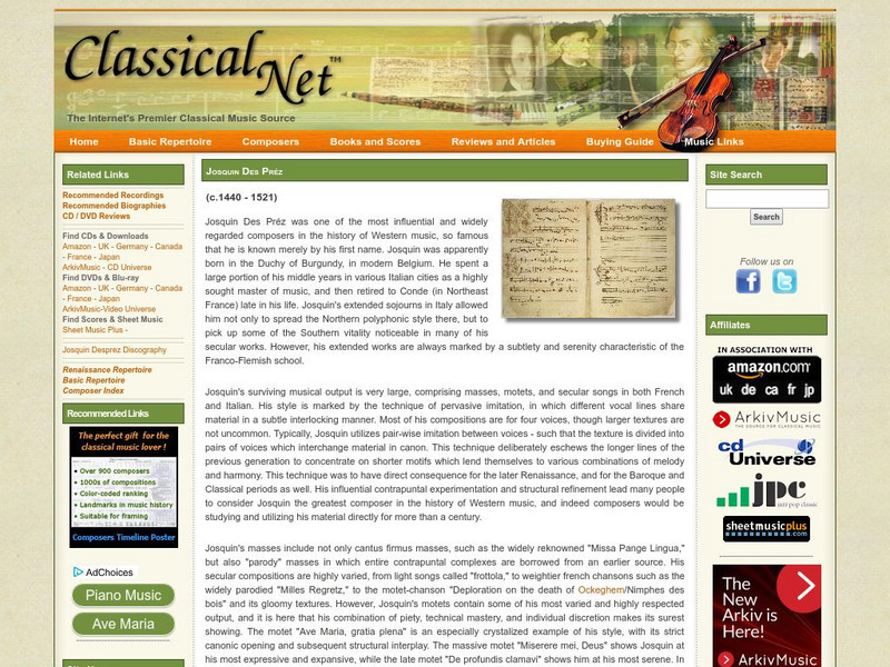 Classical Net: Josquin Des Prez Handout Classical Net: Josquin Des Prez Handout