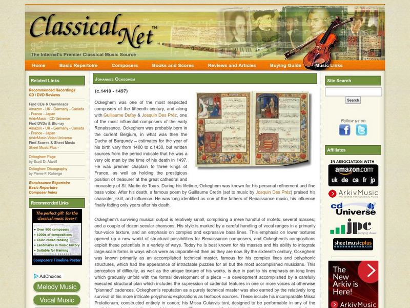 Classical Net: Basic Repertoire List: Johannes Ockeghem Handout Classical Net: Basic Repertoire List: Johannes Ockeghem Handout