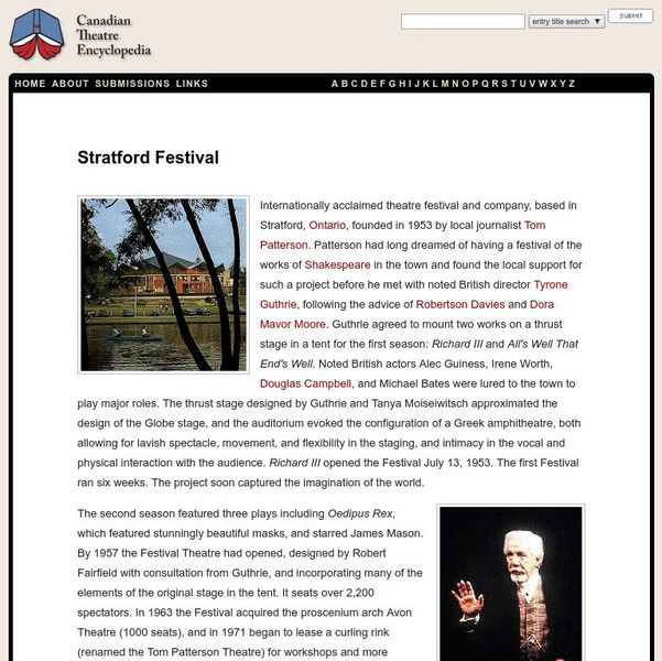 Canadian Theatre Encyclopedia: The Stratford Festival Handout Canadian Theatre Encyclopedia: The Stratford Festival Handout