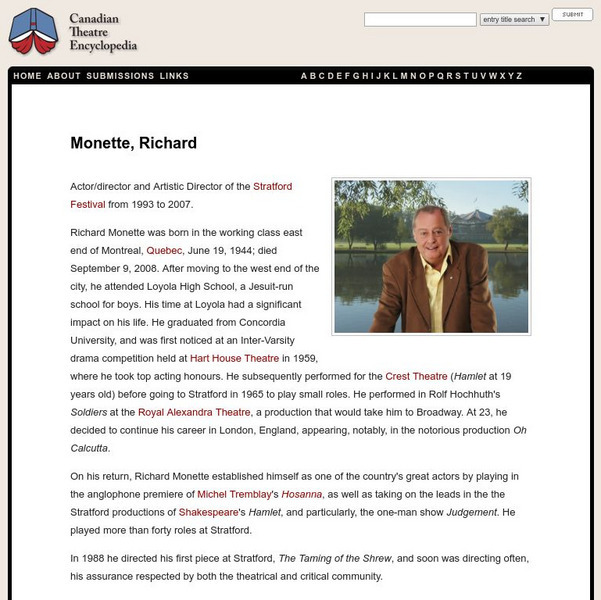 Canadian Theatre Encyclopedia: Richard Monette Handout Canadian Theatre Encyclopedia: Richard Monette Handout
