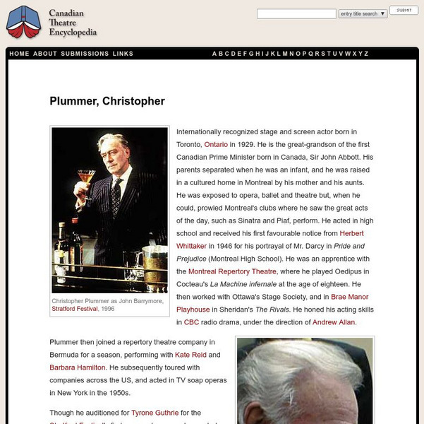 Canadian Theatre Encyclopedia: Christopher Plummer Handout Canadian Theatre Encyclopedia: Christopher Plummer Handout