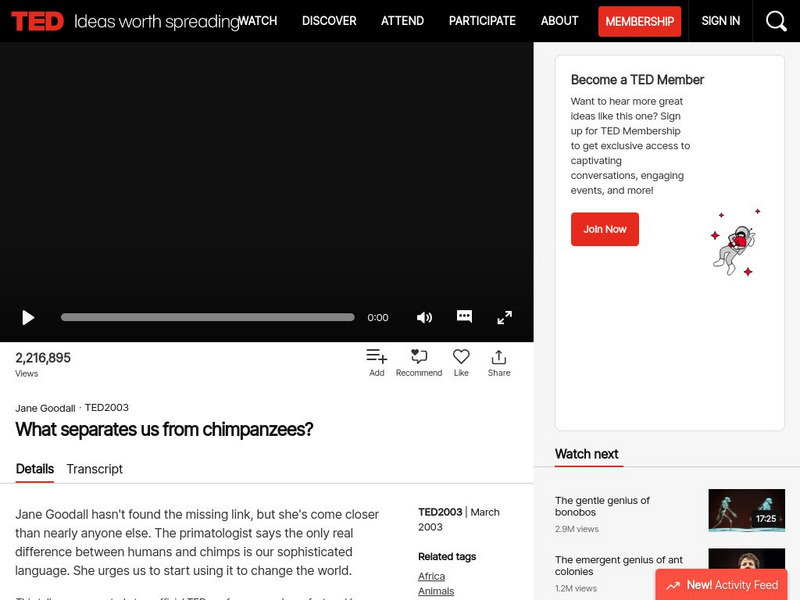 Ted: Ted Talks: Jane Goodall: What Separates Us From Chimpanzees? Instructional Video Ted: Ted Talks: Jane Goodall: What Separates Us From Chimpanzees? Instructional Video