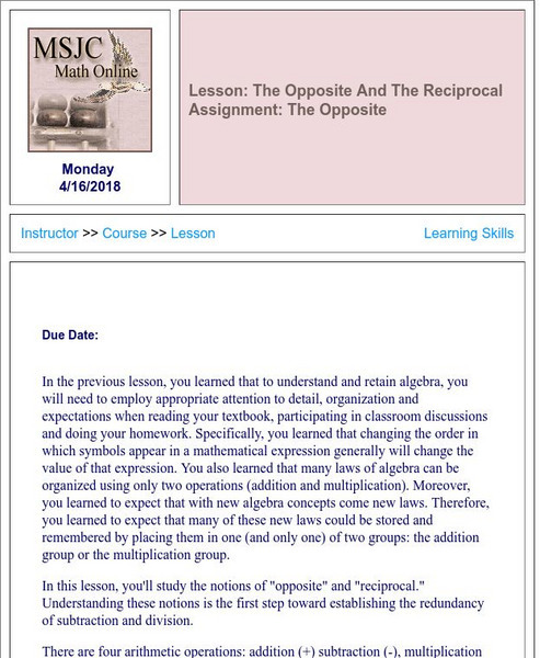 Msjc: Lesson: The Opposite and the Reciprocal Assignment: The Opposite Unit Plan Msjc: Lesson: The Opposite and the Reciprocal Assignment: The Opposite Unit Plan