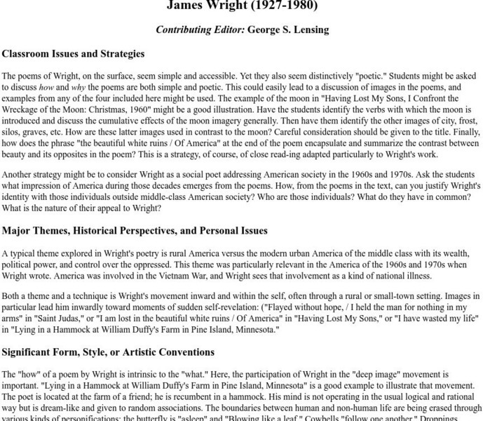 Heath Online Instructor's Guide: James Wright (1927 1980) Website Heath Online Instructor's Guide: James Wright (1927 1980) Website