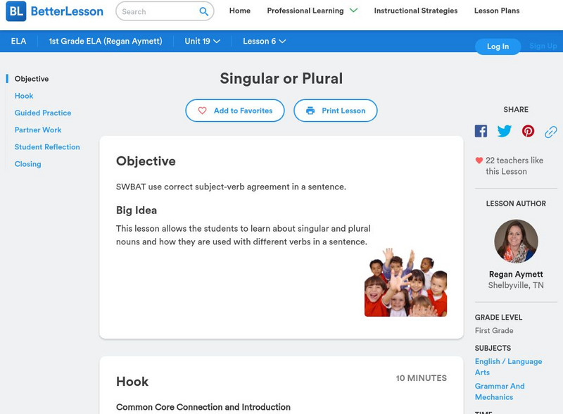 Better Lesson: Singular or Plural Lesson Plan Better Lesson: Singular or Plural Lesson Plan