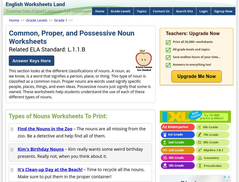English Worksheets Land Common, Proper, and Possessive Noun Worksheets