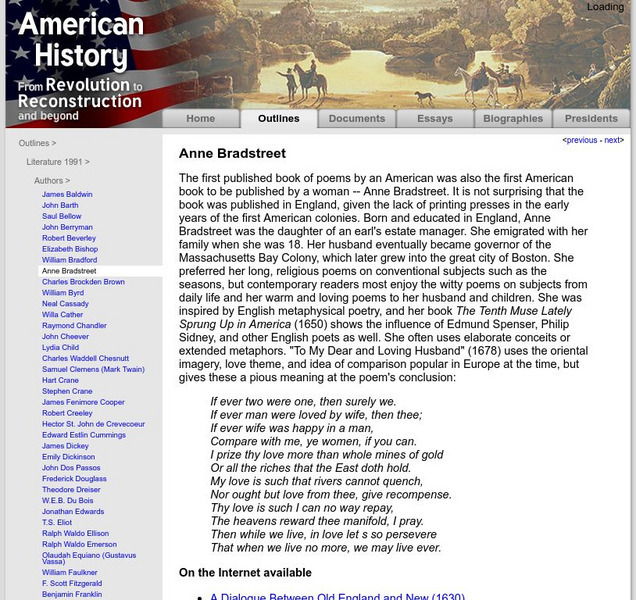 American History: Outlines: Anne Bradstreet Website American History: Outlines: Anne Bradstreet Website