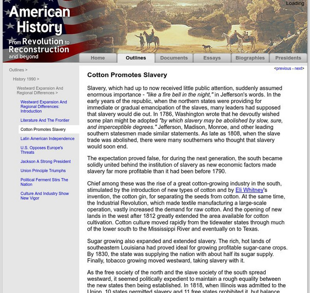 American History: Outlines: Cotton Promotes Slavery Handout American History: Outlines: Cotton Promotes Slavery Handout