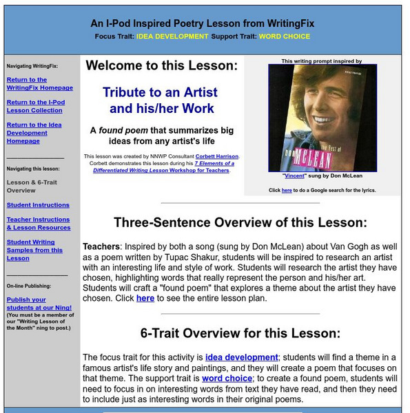 Writing Fix: Tribute to an Artist and His/her Work Lesson Plan Writing Fix: Tribute to an Artist and His/her Work Lesson Plan