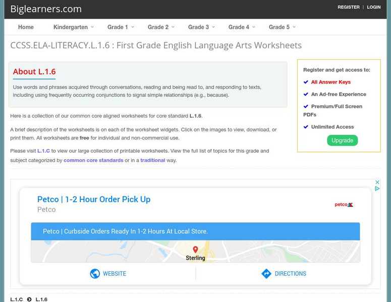 Biglearners.com: ccss.ela literacy.l.1.6 : First Grade English Language Arts Activity