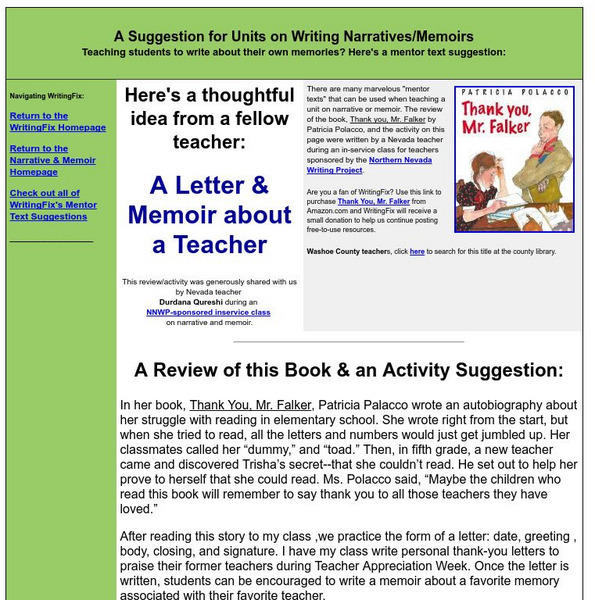 Writing Fix: Suggestions for Memoirs: A Letter & Memoir About a Teacher Lesson Plan Writing Fix: Suggestions for Memoirs: A Letter & Memoir About a Teacher Lesson Plan