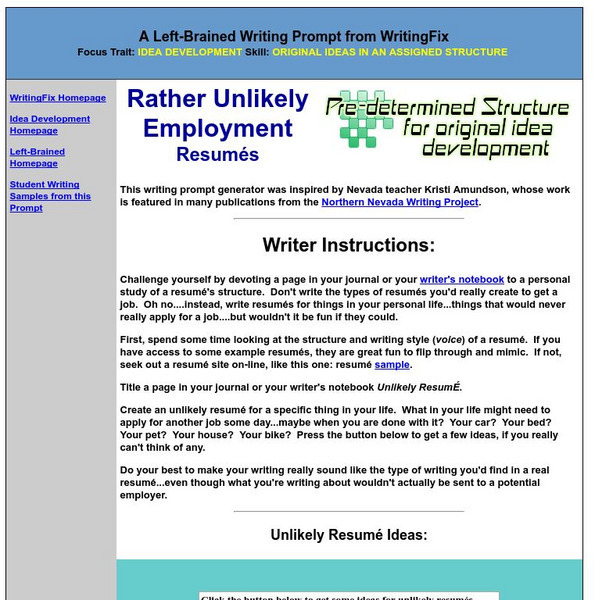 Writing Fix: A Left Brained Writing Prompt: Rather Unlikely Employment Resumes Lesson Plan Writing Fix: A Left Brained Writing Prompt: Rather Unlikely Employment Resumes Lesson Plan