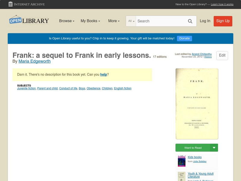 Open Library: Frank: A Sequel to Frank in Early Lessons. eBook Open Library: Frank: A Sequel to Frank in Early Lessons. eBook