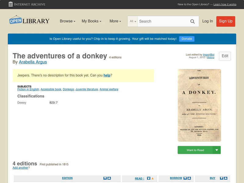 Open Library: The Adventures of a Donkey eBook Open Library: The Adventures of a Donkey eBook