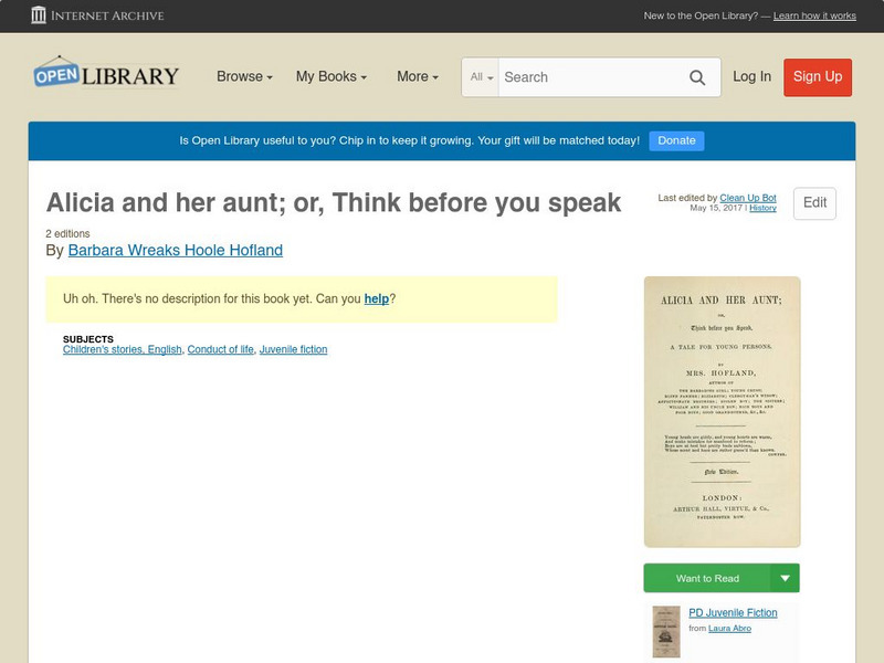 Open Library: Alicia and Her Aunt; Or, Think Before You Speak eBook Open Library: Alicia and Her Aunt; Or, Think Before You Speak eBook