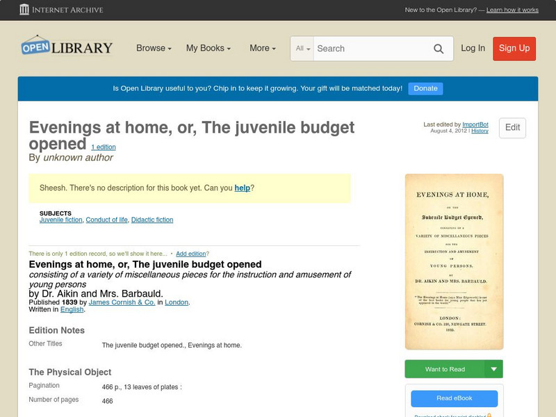 Open Library: Evenings at Home, Or, the Juvenile Budget Opened eBook