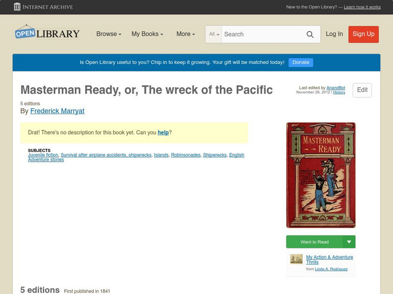 Open Library: Masterman Ready, Or, the Wreck of the Pacific eBook