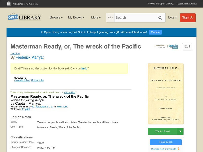 Open Library: Masterman Ready, Or, the Wreck of the Pacific eBook
