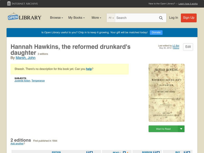 Open Library: Hannah Hawkins, the Reformed Drunkard's Daughter eBook
