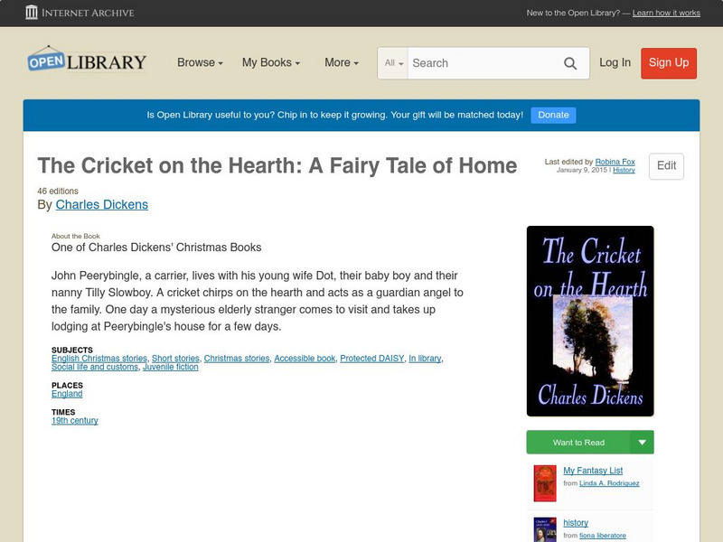 Open Library: The Cricket on the Hearth: A Fairy Tale of Home eBook Open Library: The Cricket on the Hearth: A Fairy Tale of Home eBook