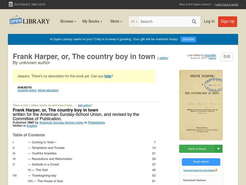 Open Library: Frank Harper, Or, the Country Boy in Town eBook