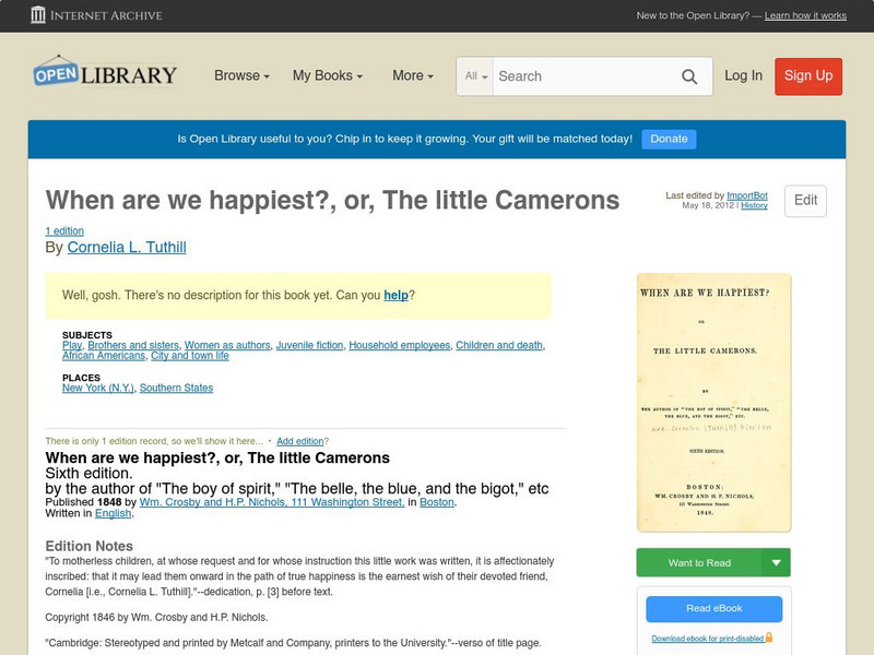 Open Library: When Are We Happiest?, Or, the Little Camerons eBook