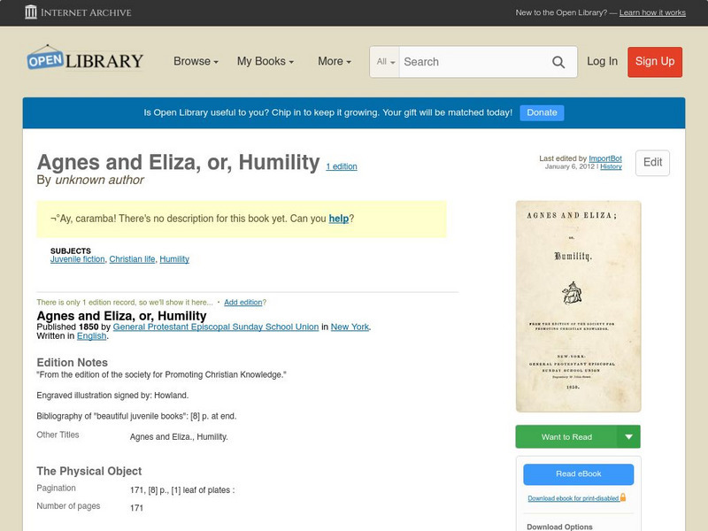Open Library: Agnes and Eliza, Or, Humility eBook