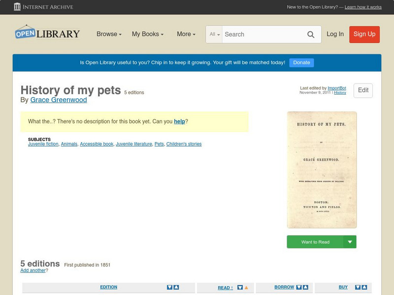 Open Library: History of My Pets eBook