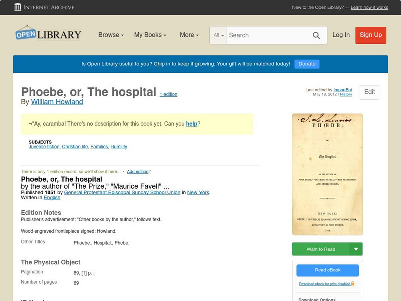 Open Library: Phoebe, Or, the Hospital eBook