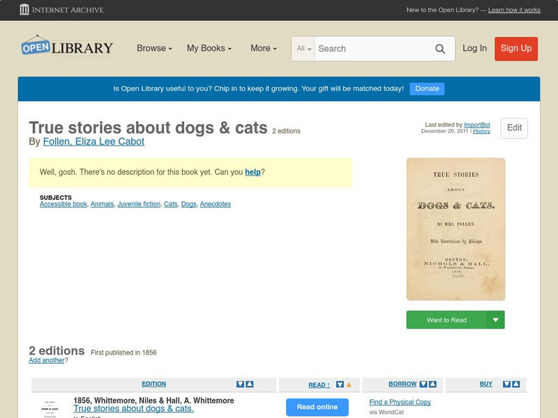 Open Library: True Stories About Dogs & Cats by Eliza Lee Cabot Follen Primary Open Library: True Stories About Dogs & Cats by Eliza Lee Cabot Follen Primary