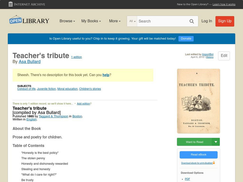 Open Library: Teacher's Tribute eBook