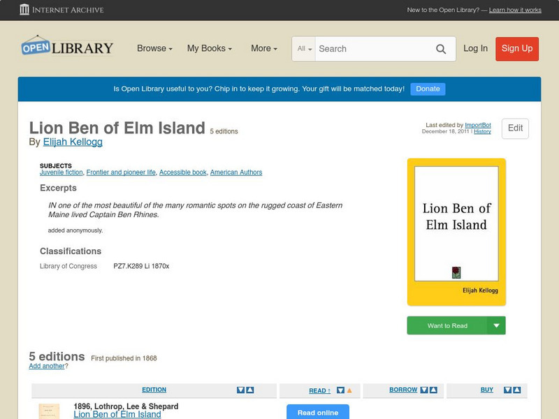 Open Library: Lion Ben of Elm Island eBook