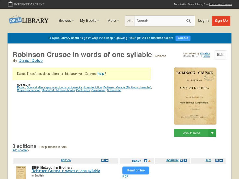 Open Library: Robinson Crusoe in Words of One Syllable eBook