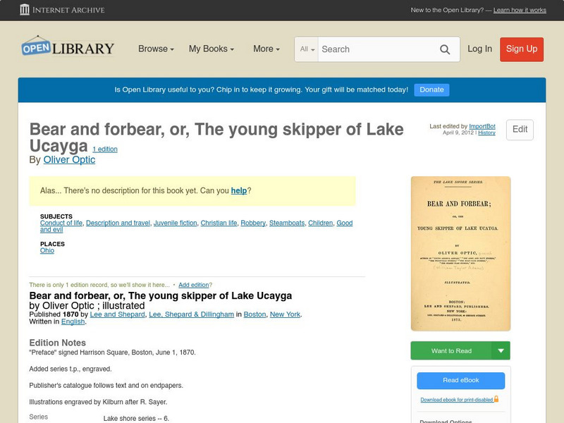 Open Library: Bear and Forbear, Or, the Young Skipper of Lake Ucayga eBook