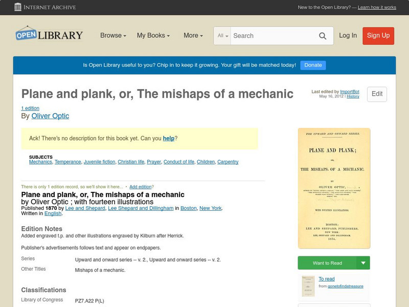 Open Library: Plane and Plank, Or, the Mishaps of a Mechanic eBook Open Library: Plane and Plank, Or, the Mishaps of a Mechanic eBook