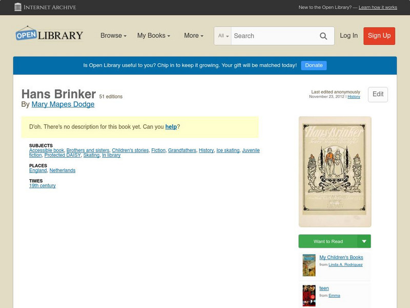 Open Library: Hans Brinker eBook