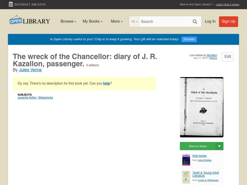 Open Library: The Wreck of the Chancellor: Diary of J. R. Kazallon, Passenger. eBook