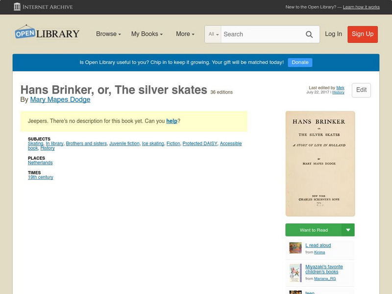 Open Library: Hans Brinker, Or, the Silver Skates eBook
