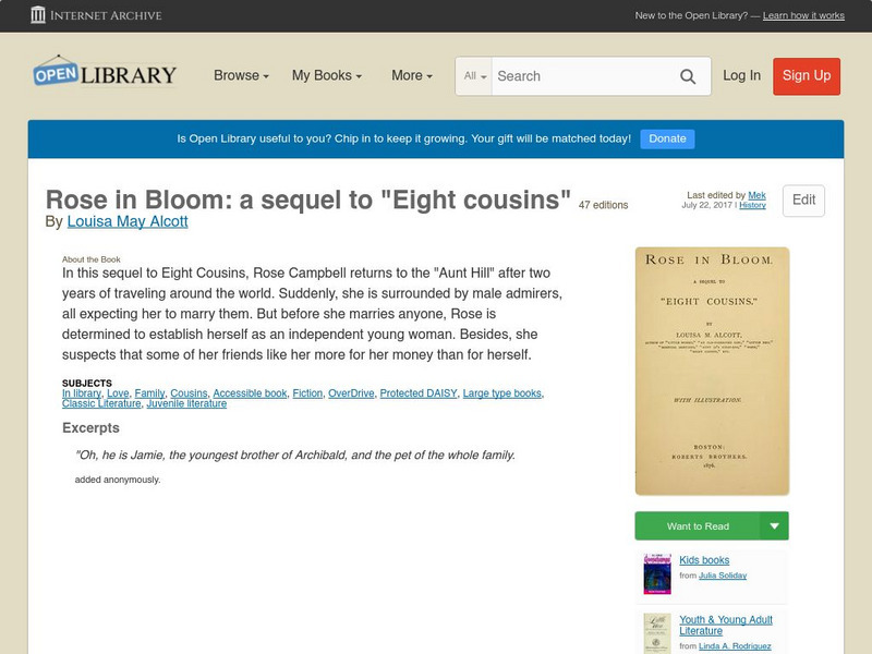 Open Library: Rose in Bloom: A Sequel to "Eight Cousins" eBook