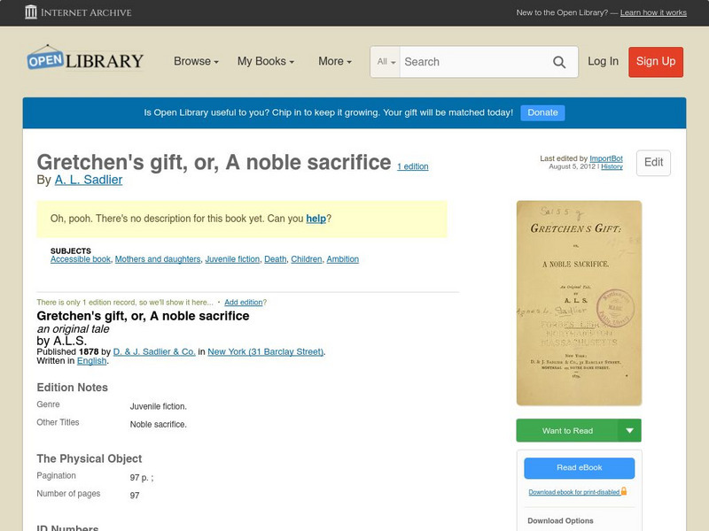 Open Library: Gretchen's Gift, Or, a Noble Sacrifice eBook