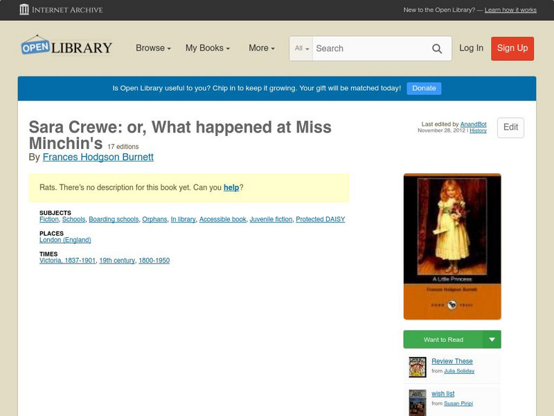 Open Library: Sara Crewe: Or, What Happened at Miss Minchin's by Frances Burnett Primary
