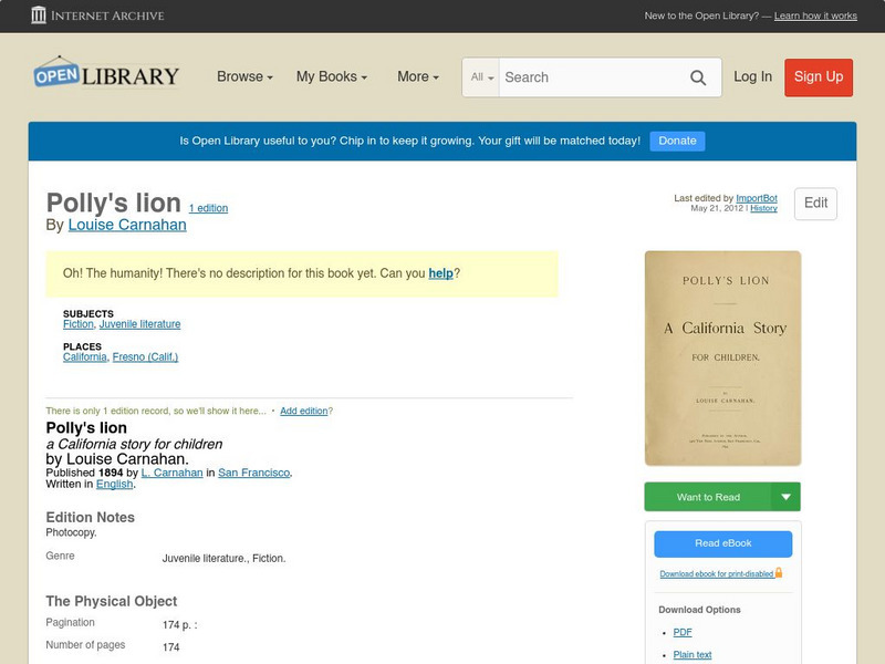 Open Library: Polly's Lion eBook