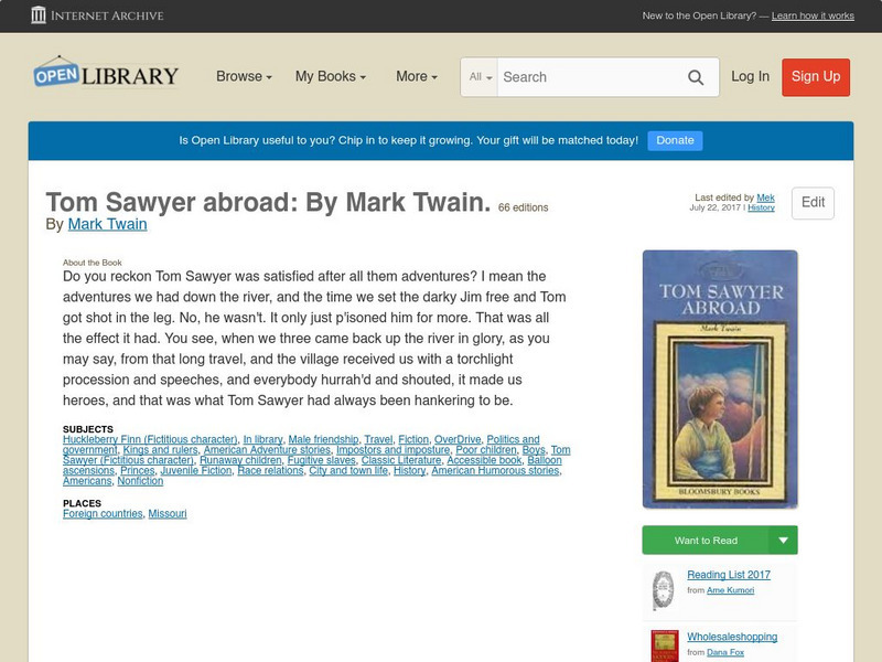 Open Library: Tom Sawyer Abroad: By Mark Twain. eBook Open Library: Tom Sawyer Abroad: By Mark Twain. eBook