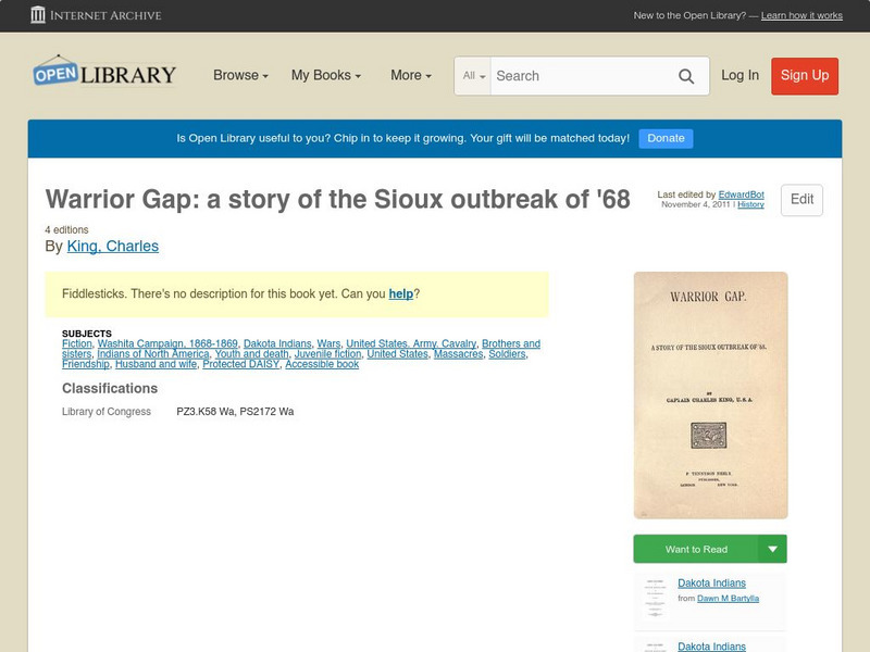 Open Library: Warrior Gap: A Story of the Sioux Outbreak of '68 eBook