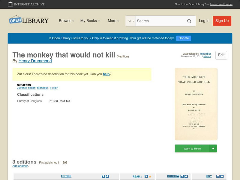 Open Library: The Monkey That Would Not Kill eBook