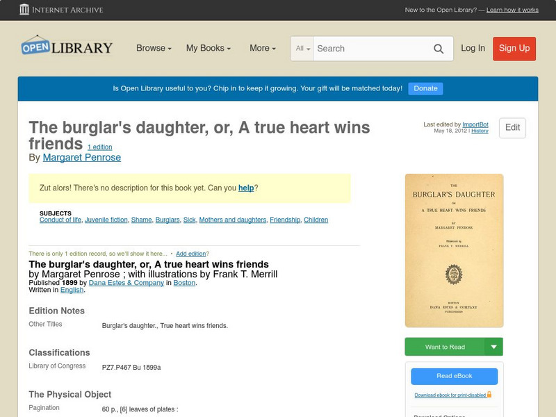 Open Library: The Burglar's Daughter, Or, a True Heart Wins Friends eBook
