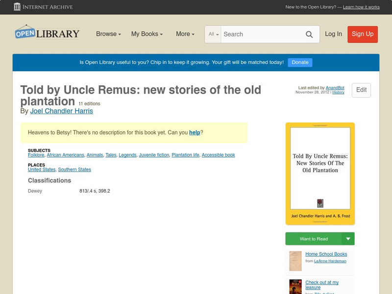 Open Library: Told by Uncle Remus: New Stories of the Old Plantation eBook