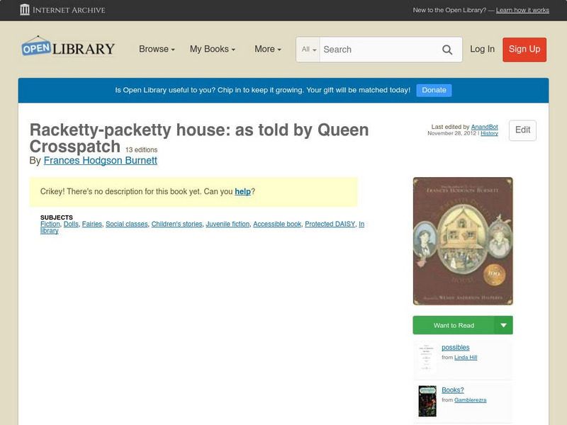 Open Library: Racketty Packetty House: As Told by Queen Crosspatch by Burnett Primary